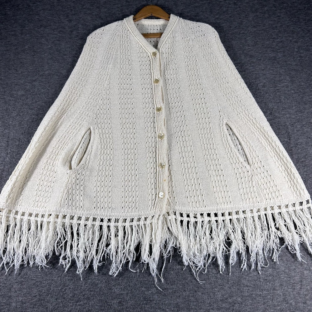 Crochet Fringed Shawl Wrap Boho Off White Button Up Country Cottagecore